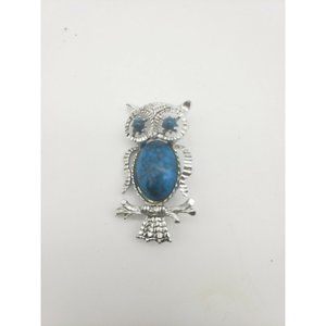 Vintage Signed Gerry’s Pin/Brooch Owl Silver Tone And Blue Turquoise